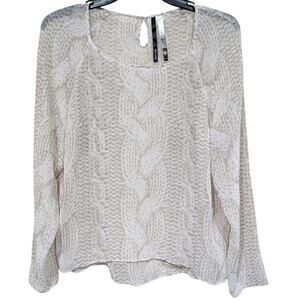 Kensie Chiffon Sweater Knit Pattern Long Sleeve Top sz M Beige Anthropologie